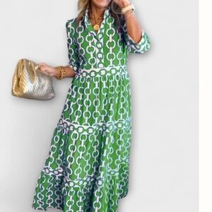 Spring & Summer Green and White Midi Chain Dress